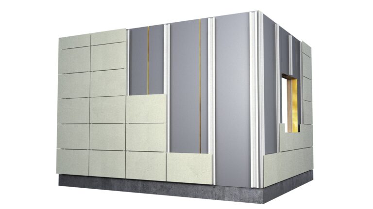 Fachada ventilada de compósito numa casa pré-fabricada
