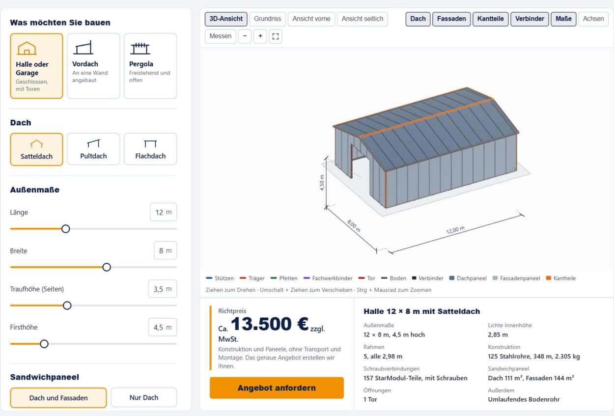 StarModul 3D-Konfigurator: Entwurf einer Halle 12 × 8 m mit Richtpreis