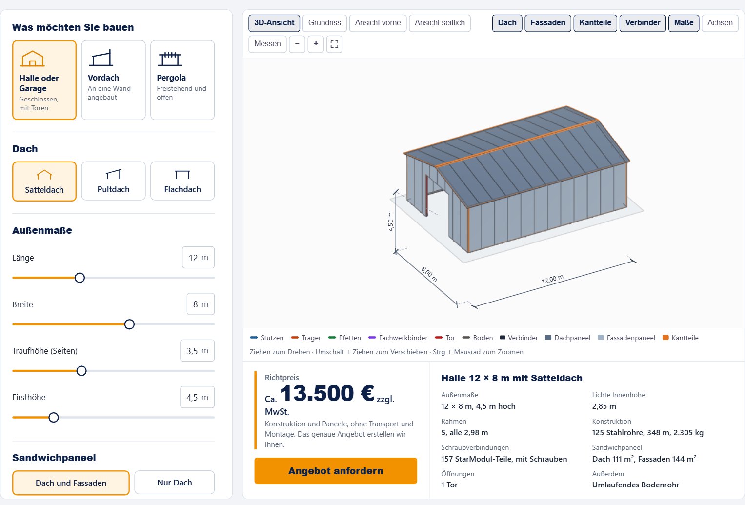 Starmodul 3d-konfigurator: entwurf einer halle 12 × 8 m mit richtpreis
