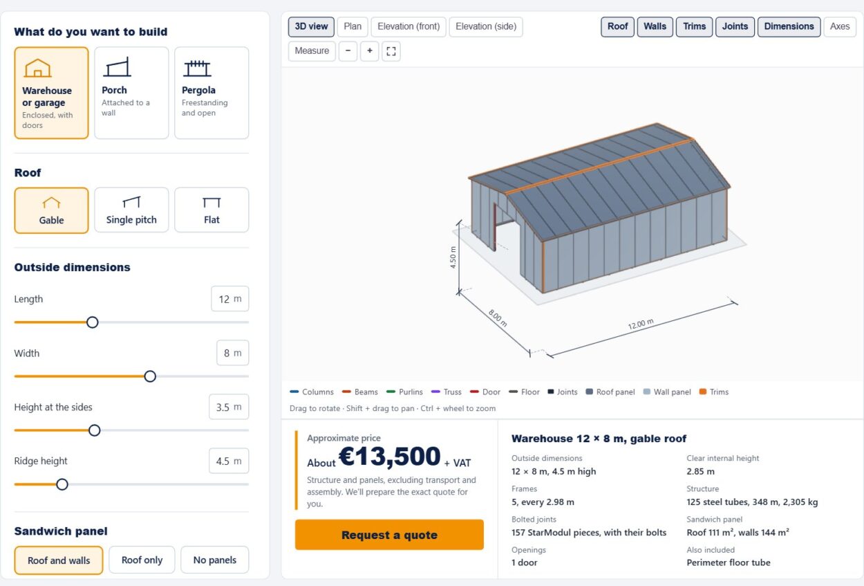 StarModul 3D configurator: 12 × 8 m warehouse design with approximate price