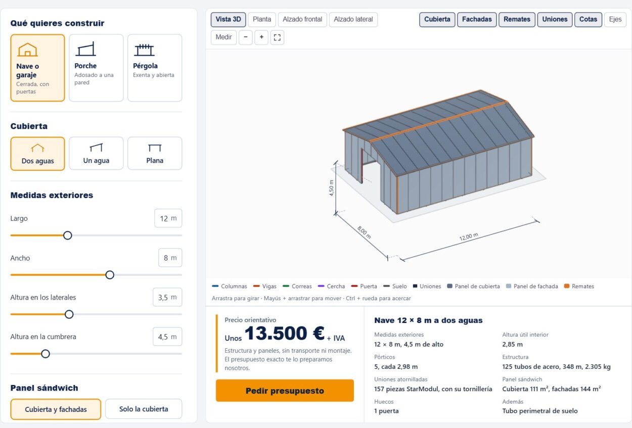 Configurador 3D de StarModul: diseño de una nave de 12 × 8 m con precio orientativo