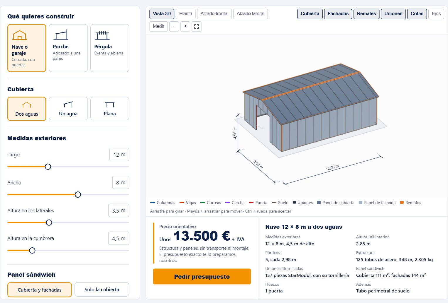 Configurador 3d de starmodul: diseño de una nave de 12 × 8 m con precio orientativo