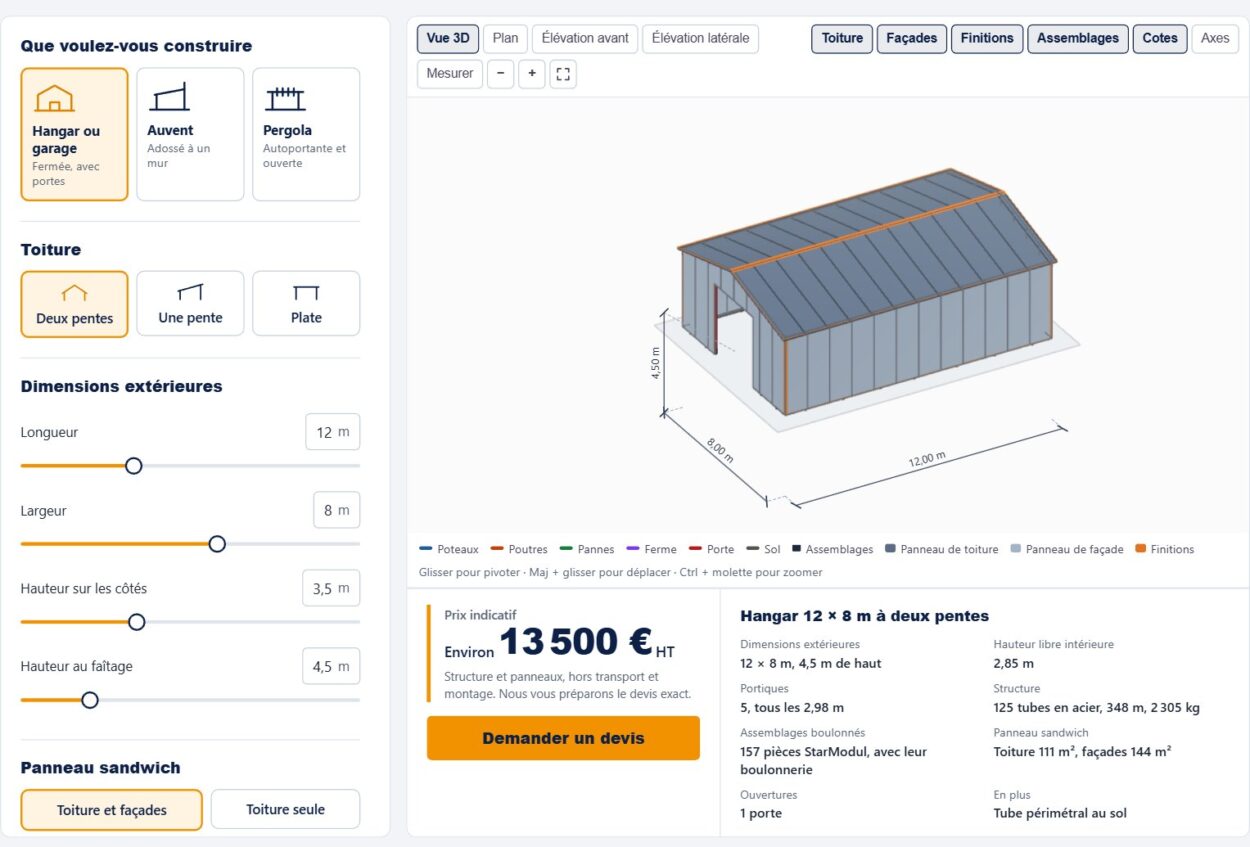 Configurateur 3D StarModul : conception d'un hangar de 12 × 8 m avec prix indicatif