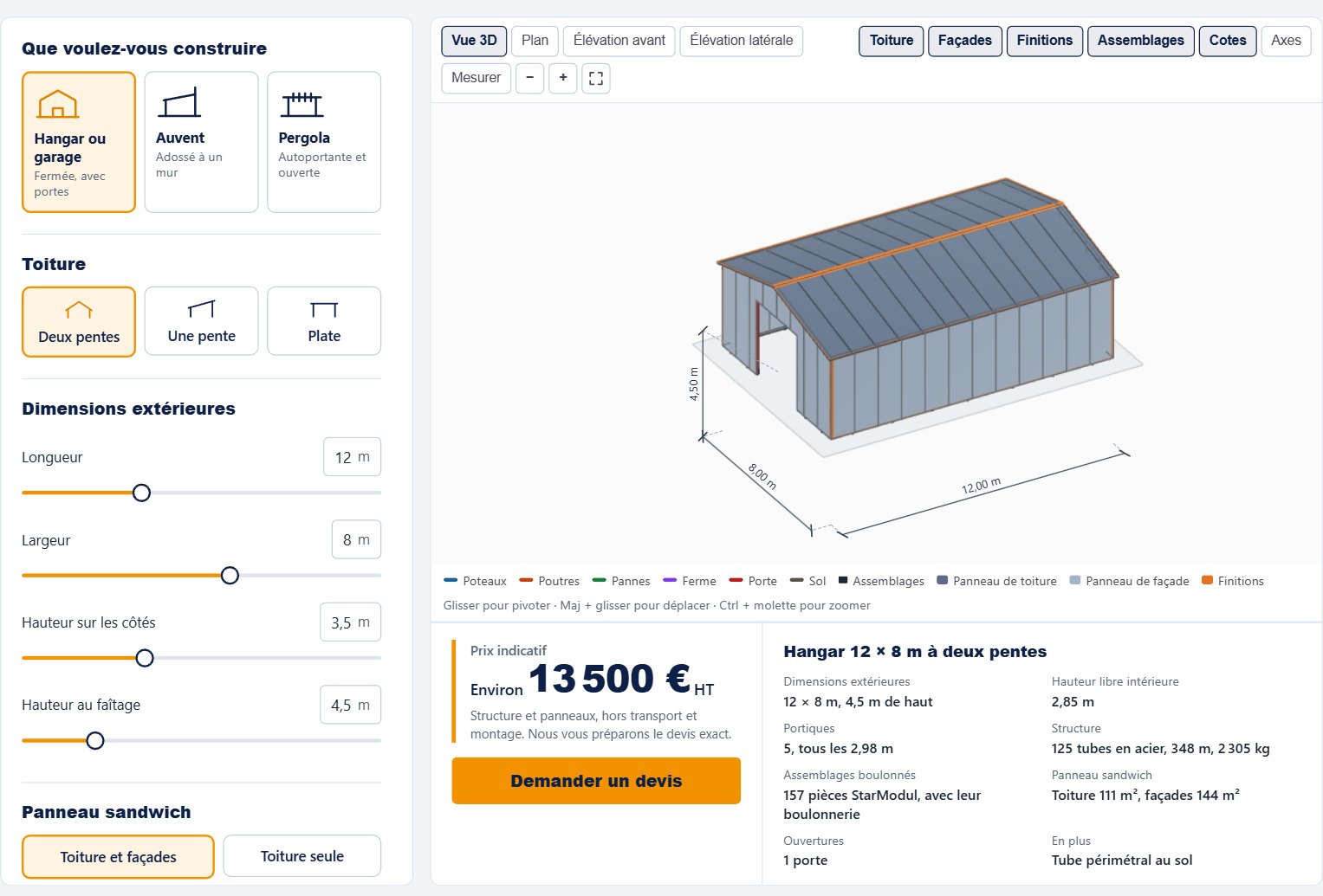 Configurateur 3d starmodul : conception d'un hangar de 12 × 8 m avec prix indicatif