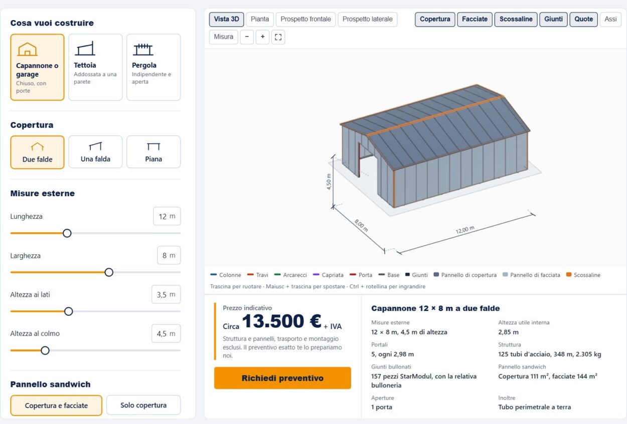 Configuratore 3D StarModul: progetto di un capannone 12 × 8 m con prezzo indicativo