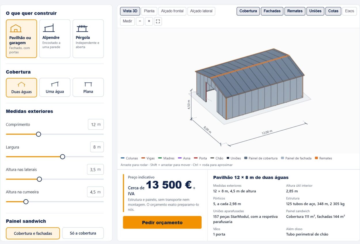 Configurador 3D StarModul: projeto de um pavilhão de 12 × 8 m com preço indicativo