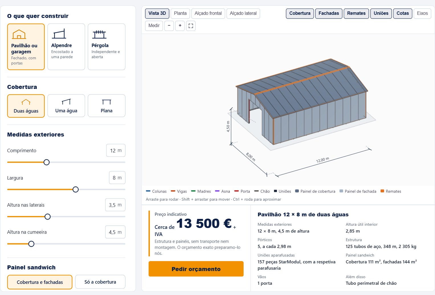 Configurador 3d starmodul: projeto de um pavilhão de 12 × 8 m com preço indicativo